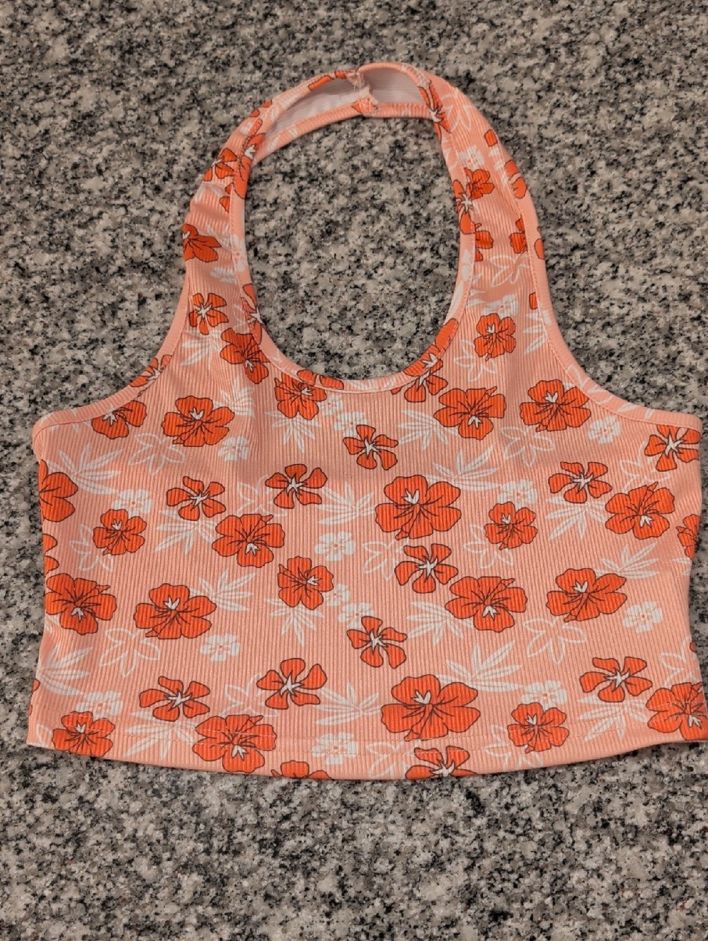 Floral Ribbed Halter Crop Top - Coral Orange